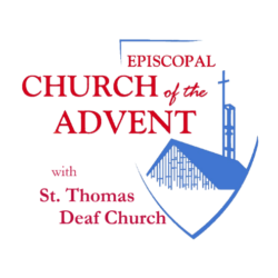 Picture of logo for Episcopal Church of the Advent with St. Thomas Deaf Church - lettering in read with blue outline of the Episcopal sheild with a drawing of the upper part of the church in blue.